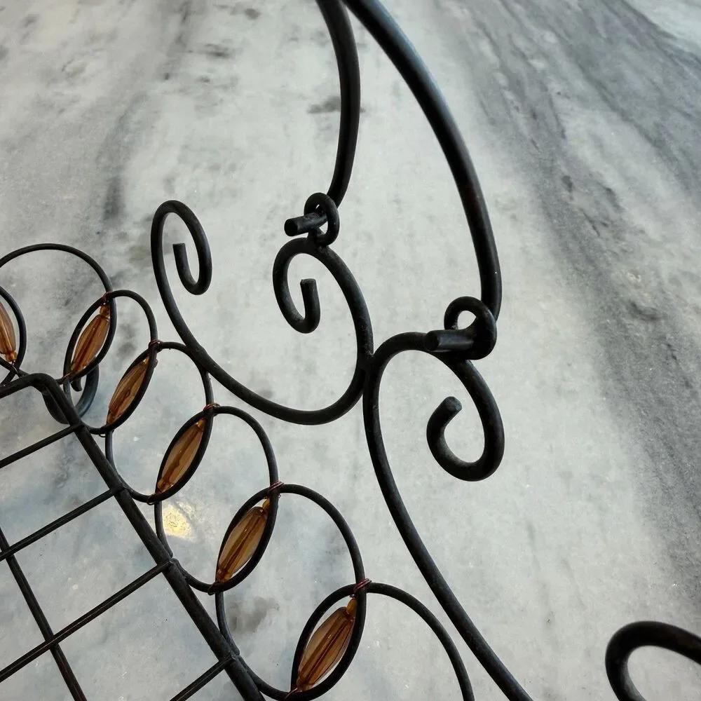 Pier 1 Wrought Iron Orange Beaded Basket Centerpiece With Handle Scalloped